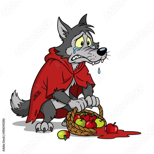 A cartoon wolf in a red cape crying over a spilled basket of apples, looking sad and remorseful.