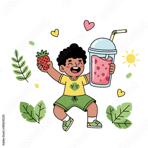 Happy boy holding a fresh strawberry and a delicious strawberry smoothie drink.