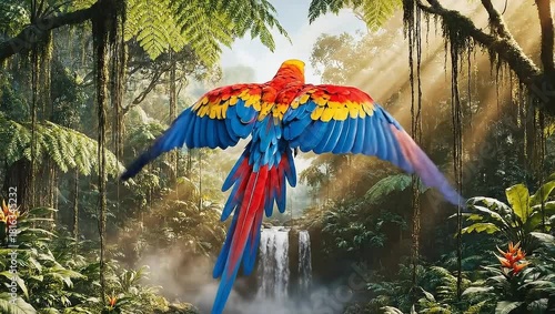 Colorful macaw in flight above jungle waterfall