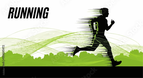 Silhouette of a runner in motion with green landscape and dynamic lines indicating speed and movement effect