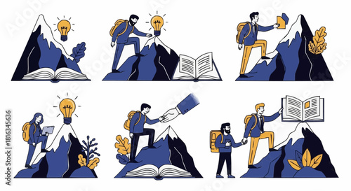 Illustrations of people climbing mountains with books and lightbulbs in various scenarios shown