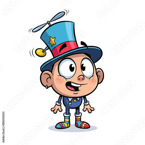 Whimsical cartoon illustration of a happy boy wearing a blue propeller hat and colorful striped socks.
