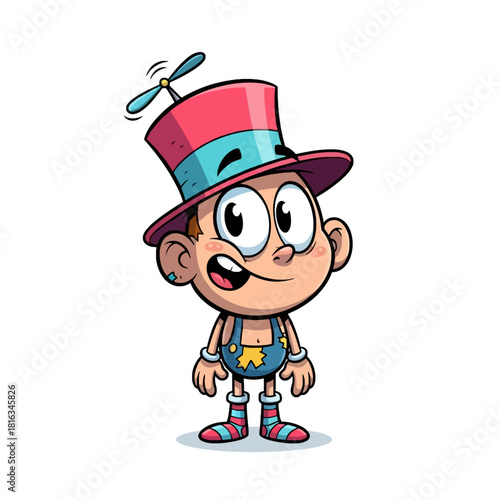 Cartoon boy character with a pink and blue propeller hat, blue overalls with a yellow star, and striped socks, smiling happily.