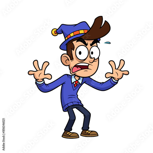 Cartoon man with a scared expression and raised hands wearing a blue hat and sweater.