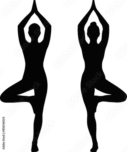 Two figures in tree pose demonstrating balance and mindfulness in a yoga and wellness illustration