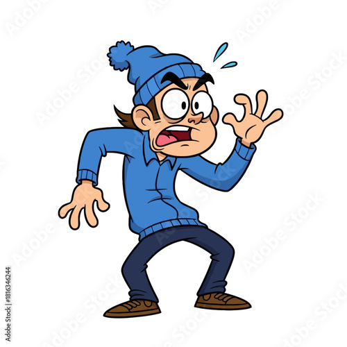 Cartoon illustration of a man looking scared and surprised, wearing a blue beanie and shirt, with sweat drops indicating distress.