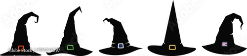 Set of Black Witch Hat Silhouettes in Various Shapes and Styles with Colorful Buckles Spooky Halloween Costume Decoration Vector Illustration Isolated on White