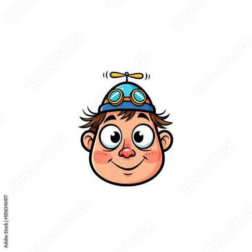 A cartoon illustration of a happy boy's head wearing a blue propeller hat with goggles.