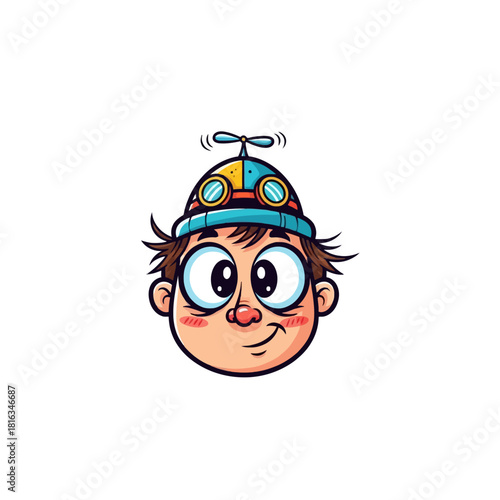 A cartoon illustration of a boy's head wearing a propeller hat and goggles, with big eyes and a cheerful expression.