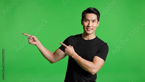 Asian man pointing left on green screen background