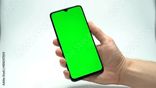 Hand holding a green screen smartphone