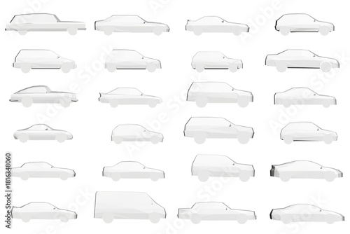 Polygonal urban cars set on white background demonstrates step-by-step drawing process with geometric shapes and clean vector style. Side view