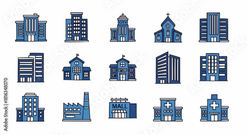 Illustration showcasing a variety of buildings including city hall mall and hospital structures with blue accents