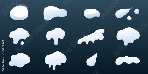 Collection of cartoon snow caps and drips on a dark blue background