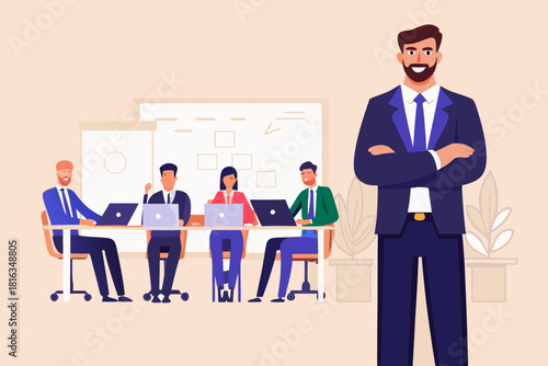 Confident business leader with team meeting in the background illustration