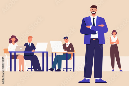 Confident business leader with team working on laptops in office