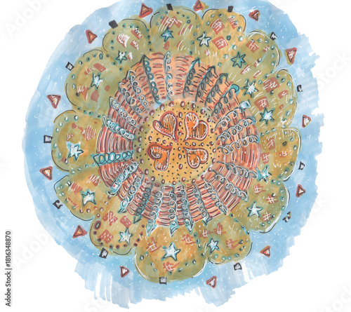 Interesting Valentines Mandala. Pattern with hearts. Pen markers illustration.