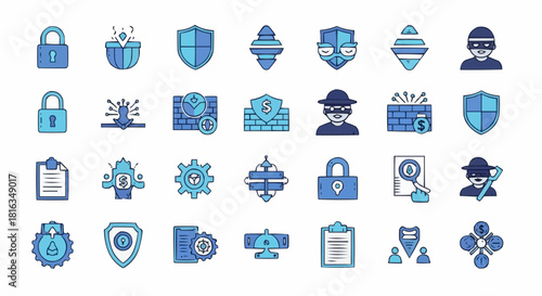 Collection of security icons representing cyber safety and protection against online threats and attacks