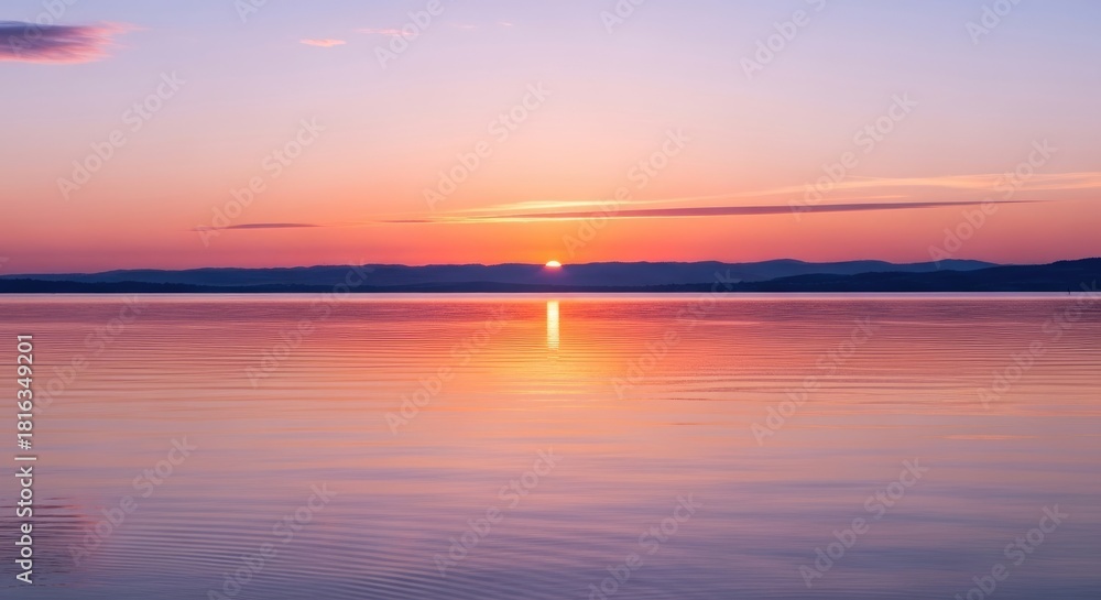 Fototapeta premium Vibrant Sunset Glow Over Calm Water with Orange and Pink Sky Reflection
