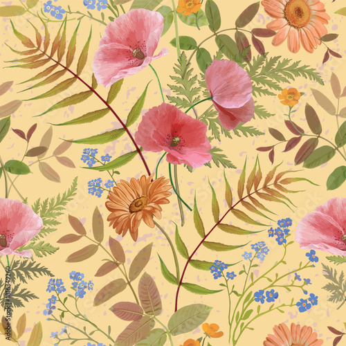 Vintage herbarium - Faded Meadow seamless pattern. Wildflower and leaf composition on a muted peach neutral background.