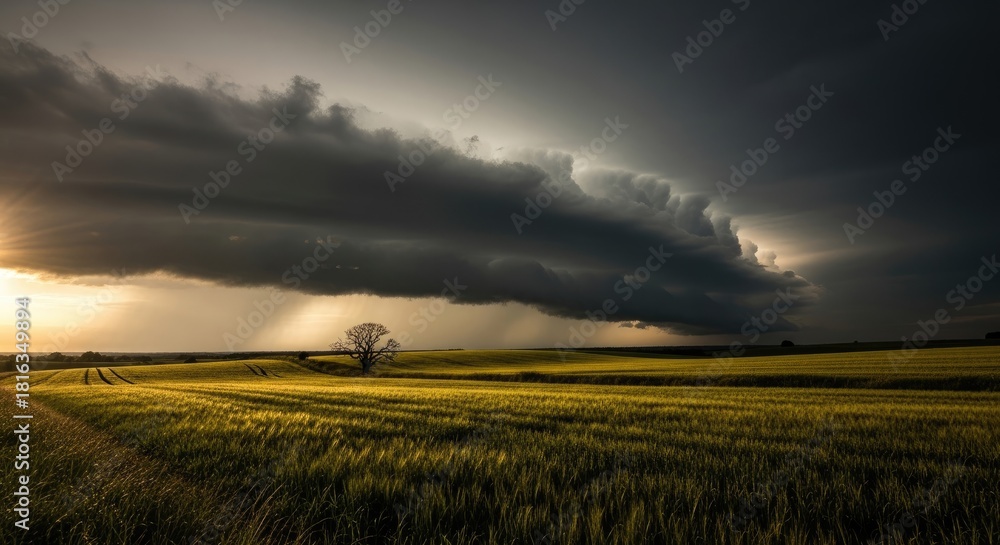 Fototapeta premium Golden Field Under Dramatic Storm Clouds with Sun Rays and Solitary Tree