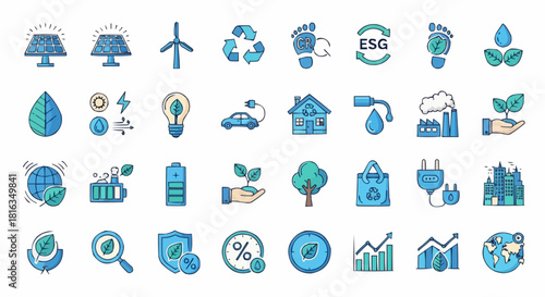 Collection of environmental and sustainability icons representing eco friendly practices and green initiatives