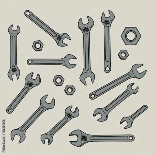 A collection of various metal wrenches and nuts, essential tools for mechanical work and repairs, arranged on a light background.