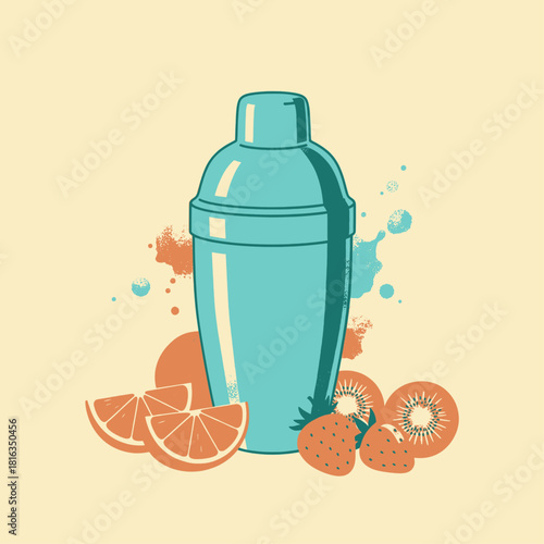 A stylized illustration of a blue cocktail shaker surrounded by fresh orange slices, strawberries, and kiwis.