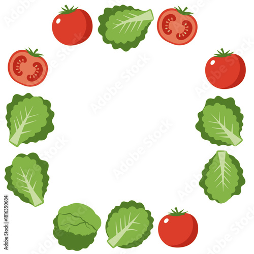 A circular arrangement of fresh tomatoes and lettuce leaves, a healthy food illustration.