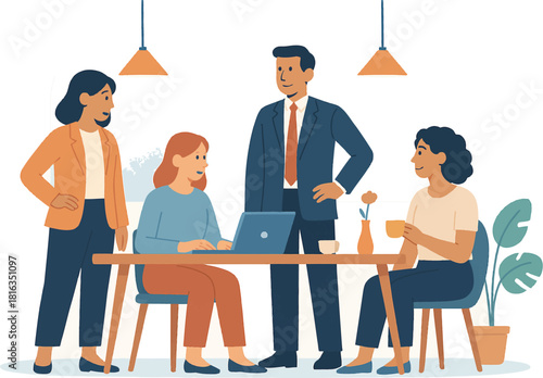 Business team collaborating on a project at a table in a modern office with warm lighting design