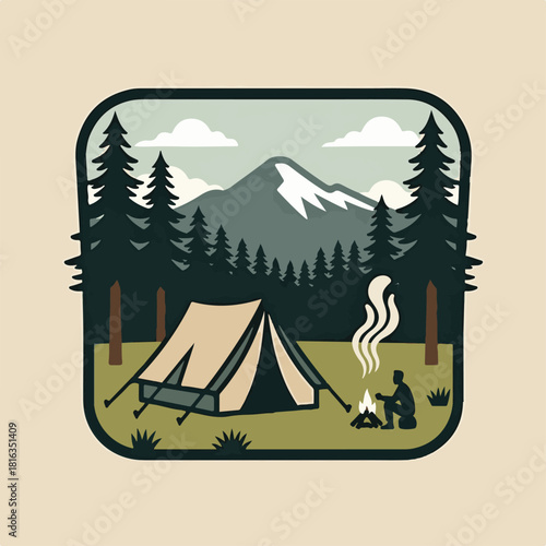 Vintage logo badge of Mountain and pine forest camping editable vector illustration for tshirt retro design