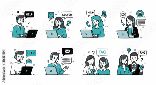 Customer service representatives providing online support with headsets and laptops shown