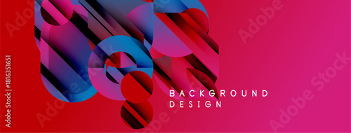 Abstract geometric shapes, vibrant colors, dynamic composition. Modern design elements create bold visual impact. Red dominates background.