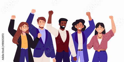 Diverse group of people raising fists in solidarity and empowerment