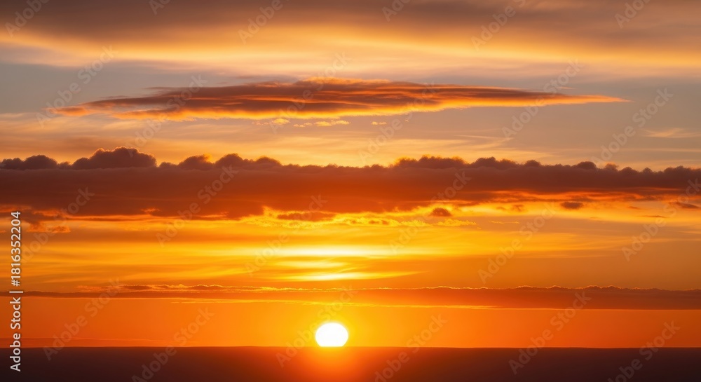 Fototapeta premium Majestic Golden Sunset Sky with Dramatic Orange Clouds and Radiant Sun Horizon