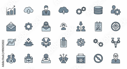 Collection of business and technology icons depicting data analysis and management tools set on white