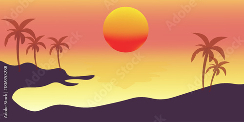 Scenery beach at sunset with sun and palm silhouette