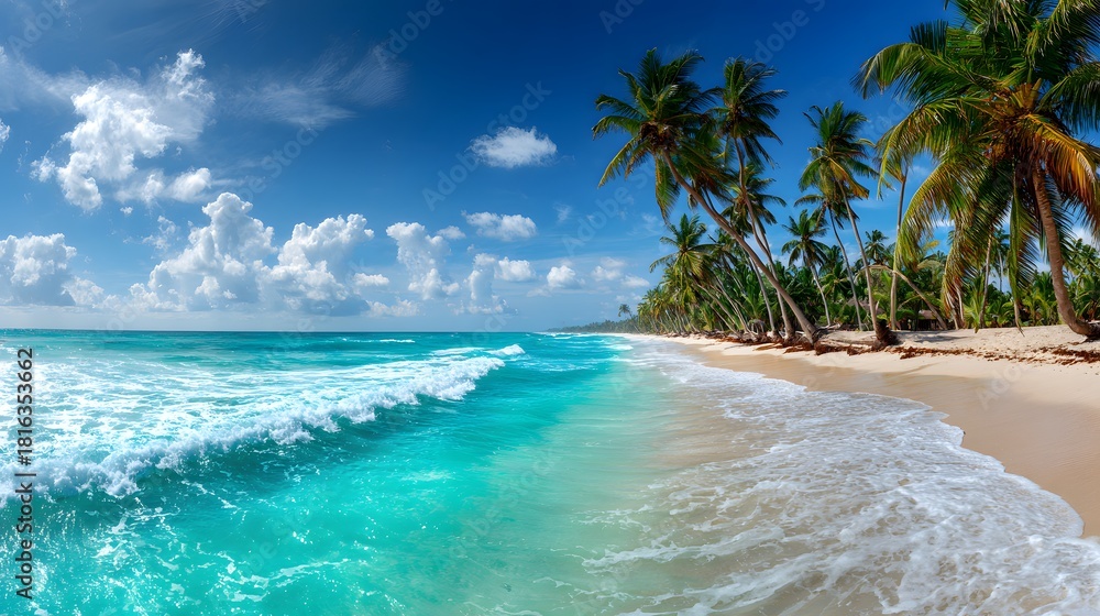 Fototapeta premium Idyllic tropical beach with turquoise ocean waves and palm trees.