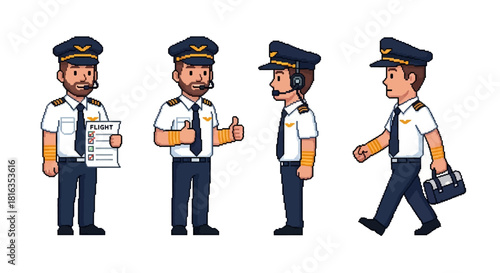 Diverse Illustrations of Pilots in Various Poses Ready for Flight and Operation Scenarios