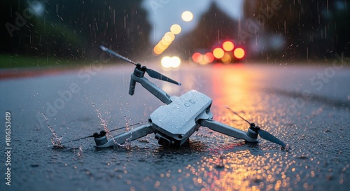 Crashed drone lying upside down on wet asphalt street in heavy rain with city lights bokeh