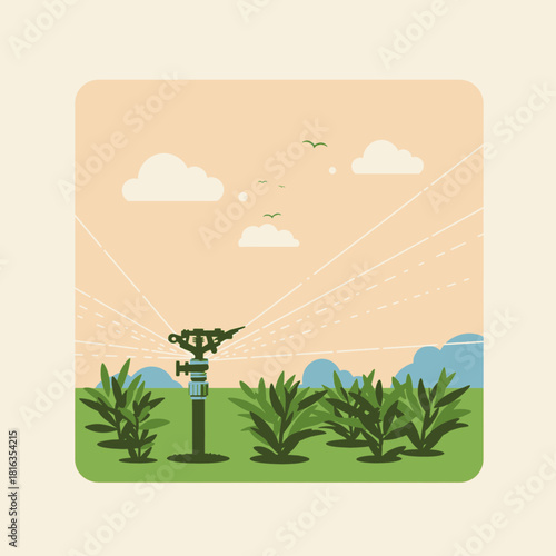 An illustration of a sprinkler watering a green lawn with plants and a blue sky.