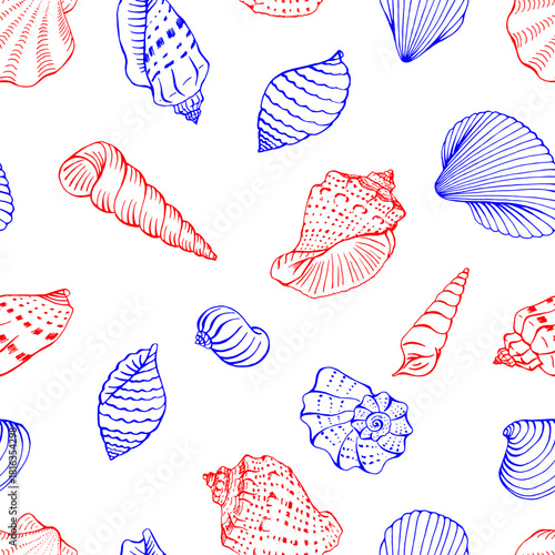 Seamless pattern with seashells. Hand drawn vector illustration.