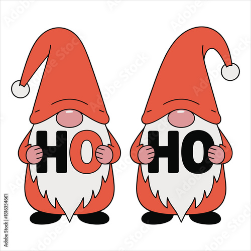 Two festive gnomes cheerfully display the letters HO with their cheerful holiday season spirit