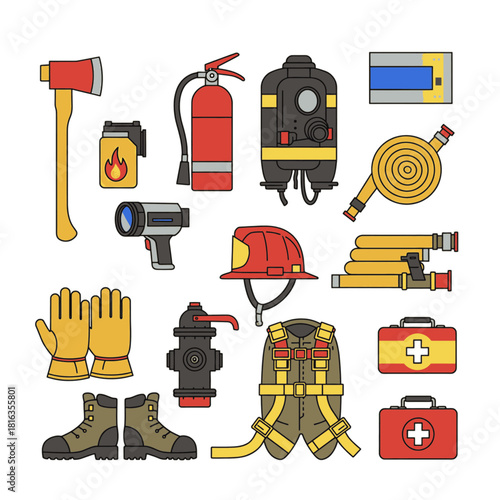 Collection of various firefighting equipment and tools used by firefighters for rescue operations.