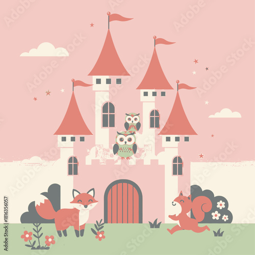 A whimsical pink fairytale castle with cute woodland animals like a fox, squirrel, and owls.