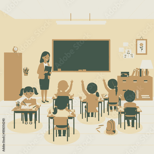 A teacher stands at the front of a classroom, instructing students who are seated at their desks with some raising their hands.