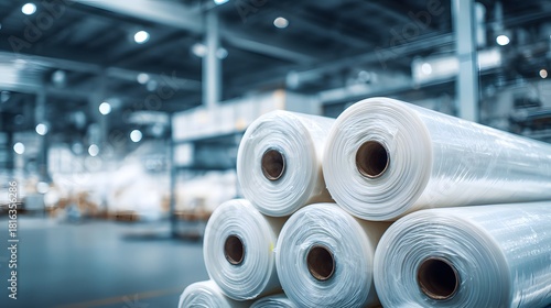 Large rolls of white polymer film for packaging stacked in a modern factory warehouse.