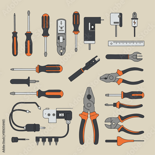 A comprehensive collection of electrical tools and components, including screwdrivers, pliers, wire strippers, and connectors, arranged on a neutral background.