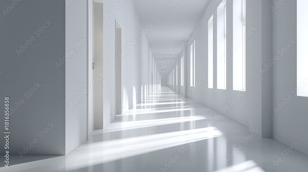 Obraz premium Long empty white corridor with bright sunlight from windows.