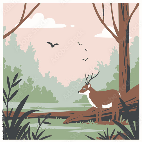 A majestic deer with antlers stands in a serene forest clearing with birds flying overhead.